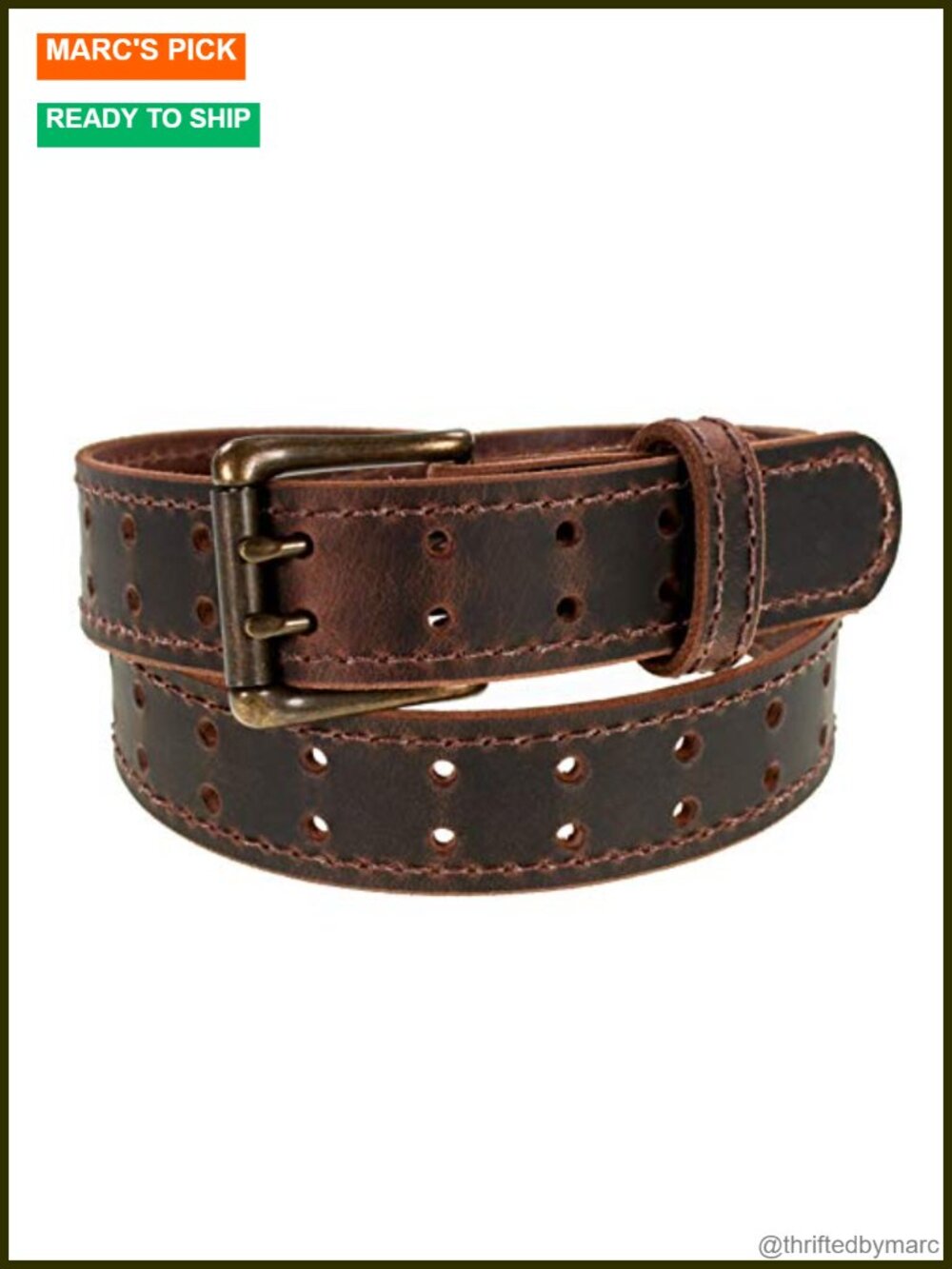 Full Grain Leather Belt Double Prong Antique Brass Buckle 1.5"